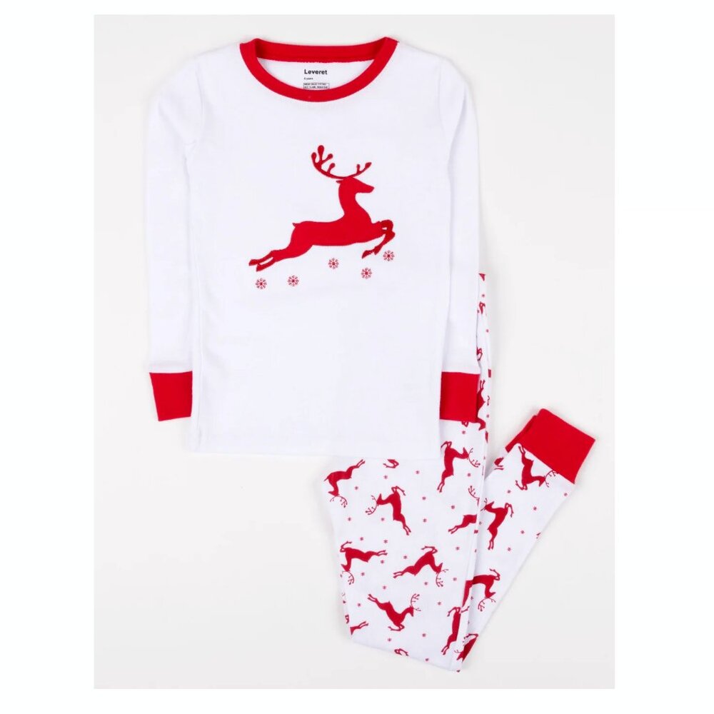 Leveret Reindeer Cotton Pajamas reindeer white red